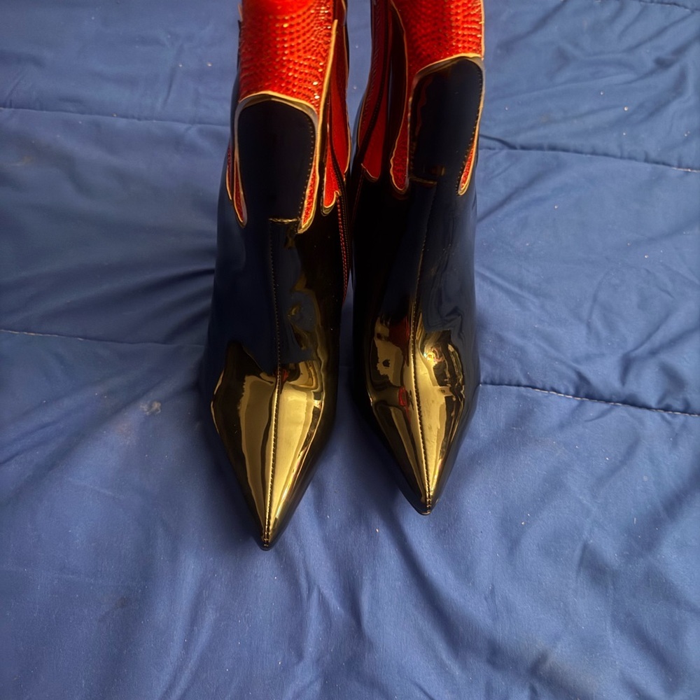 Azalea Wakg Fiery Red and Black Heeled Boots - Picture 3 of 10